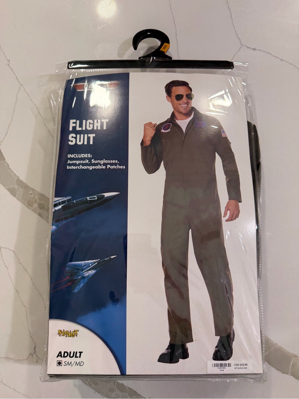 Men’s Olive Green Flight Suit Costume with Sunglasses patches and tags